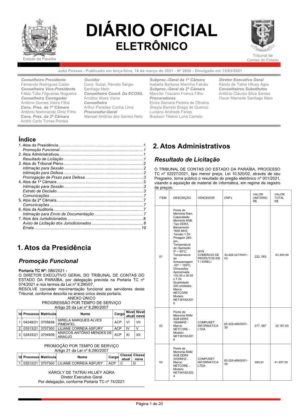 DIÁRIO OFICIAL ELETRÔNICO Tribunal De Estado Da Paraíba Contas Do Estado