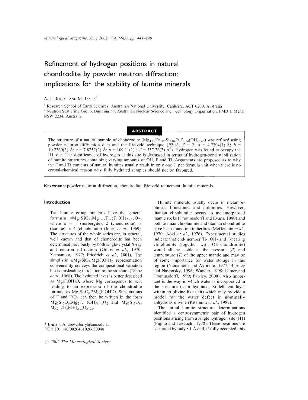 Refinement of Hydrogen Positions in Natural Chondrodite by Powder Neutron Diffraction: Implications for the Stability of Humite Minerals