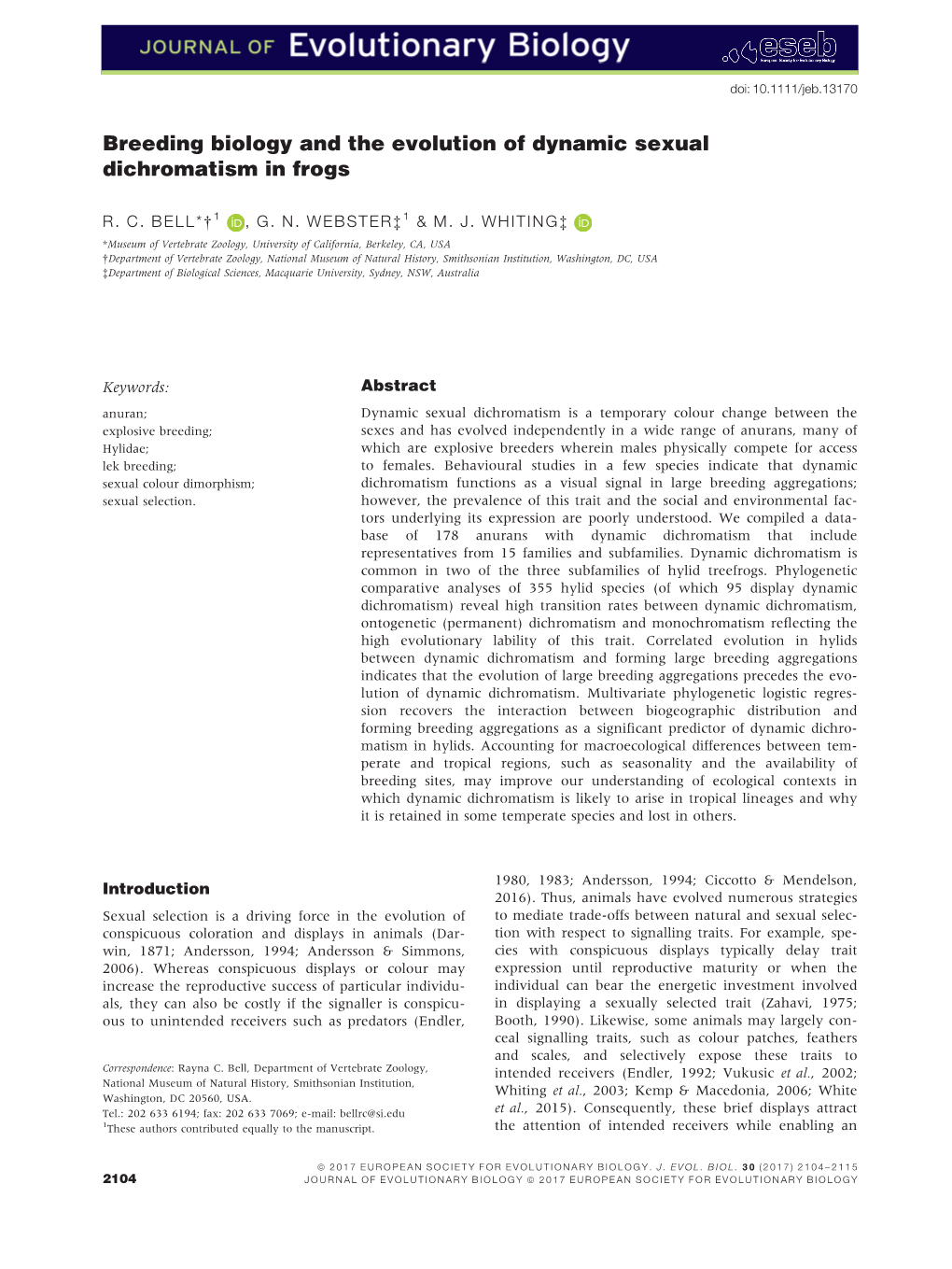 Breeding Biology and the Evolution of Dynamic Sexual Dichromatism in Frogs