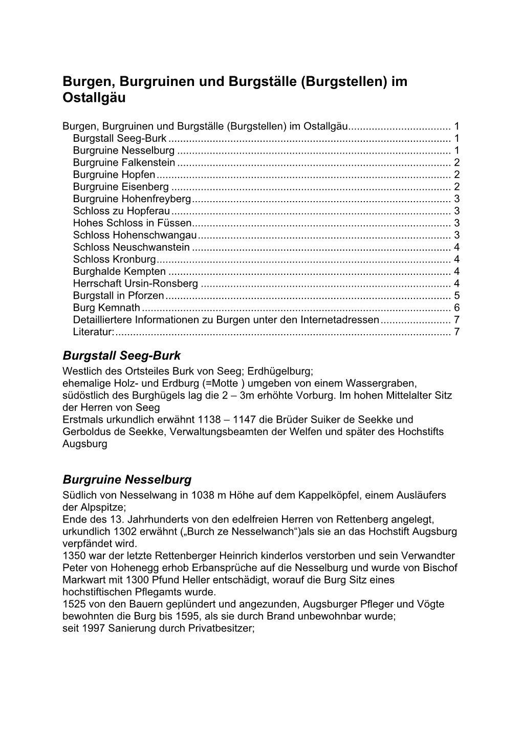 Burgen, Burgruinen Und Burgställe (Burgstellen) Im Ostallgäu