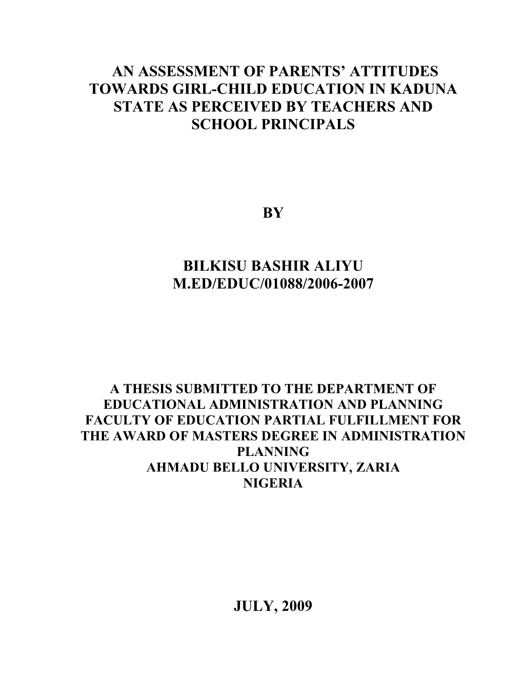 An Assessment of Parents' Attitudes Towards Girl-Child Education In