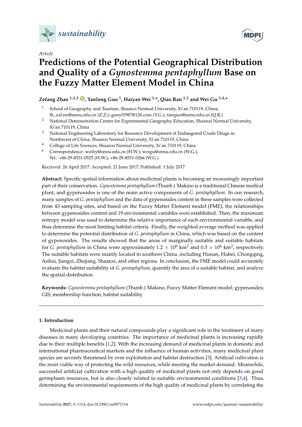 Predictions of the Potential Geographical Distribution and Quality of a Gynostemma Pentaphyllum Base on the Fuzzy Matter Element Model in China