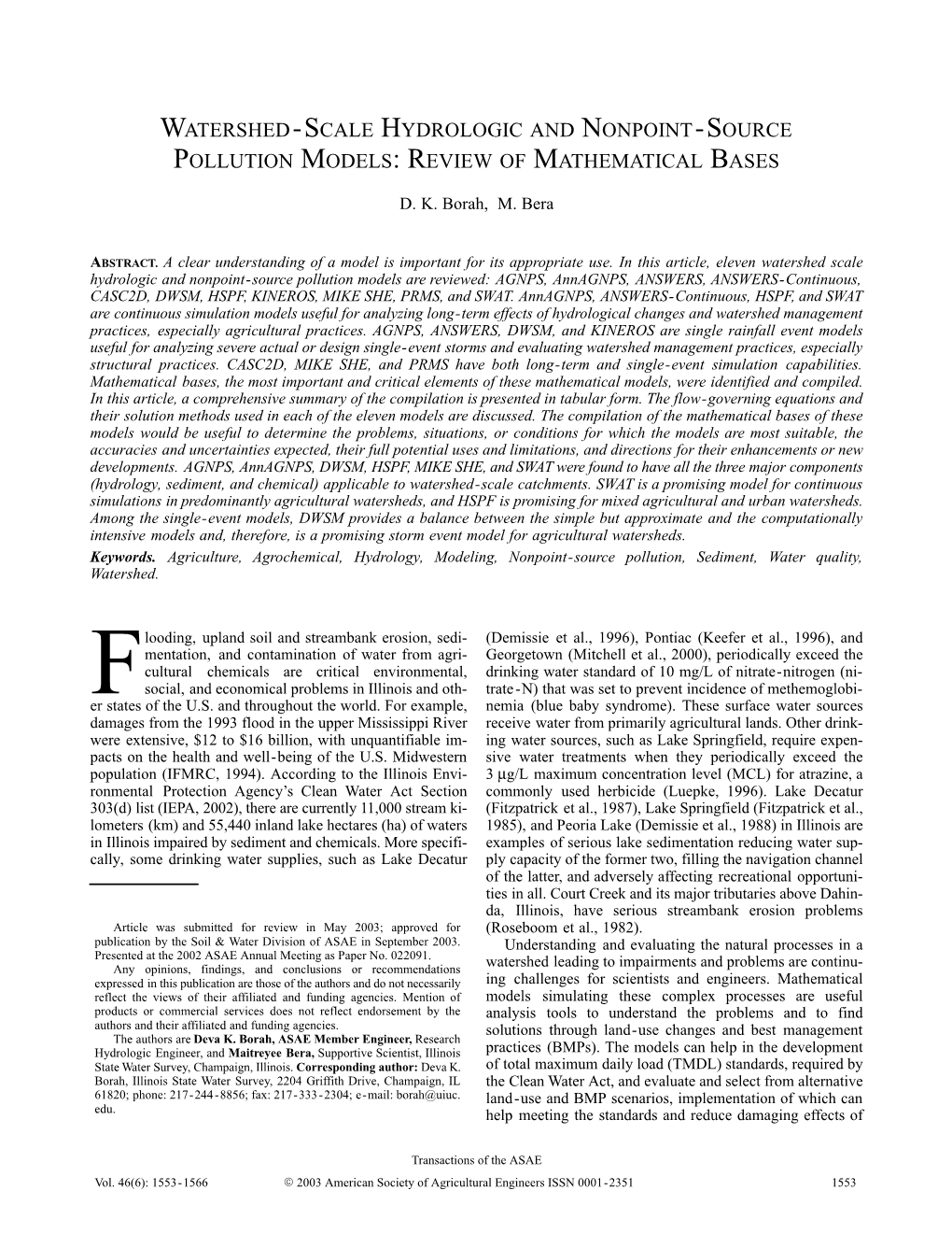 Watershed-Scale Hydrologic and Nonpoint-Source Pollution Models: Review of Mathematical Bases