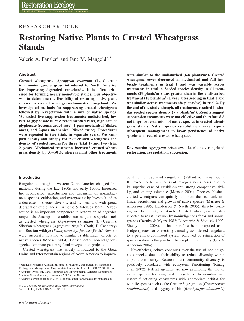 Restoring Native Plants to Crested Wheatgrass Stands