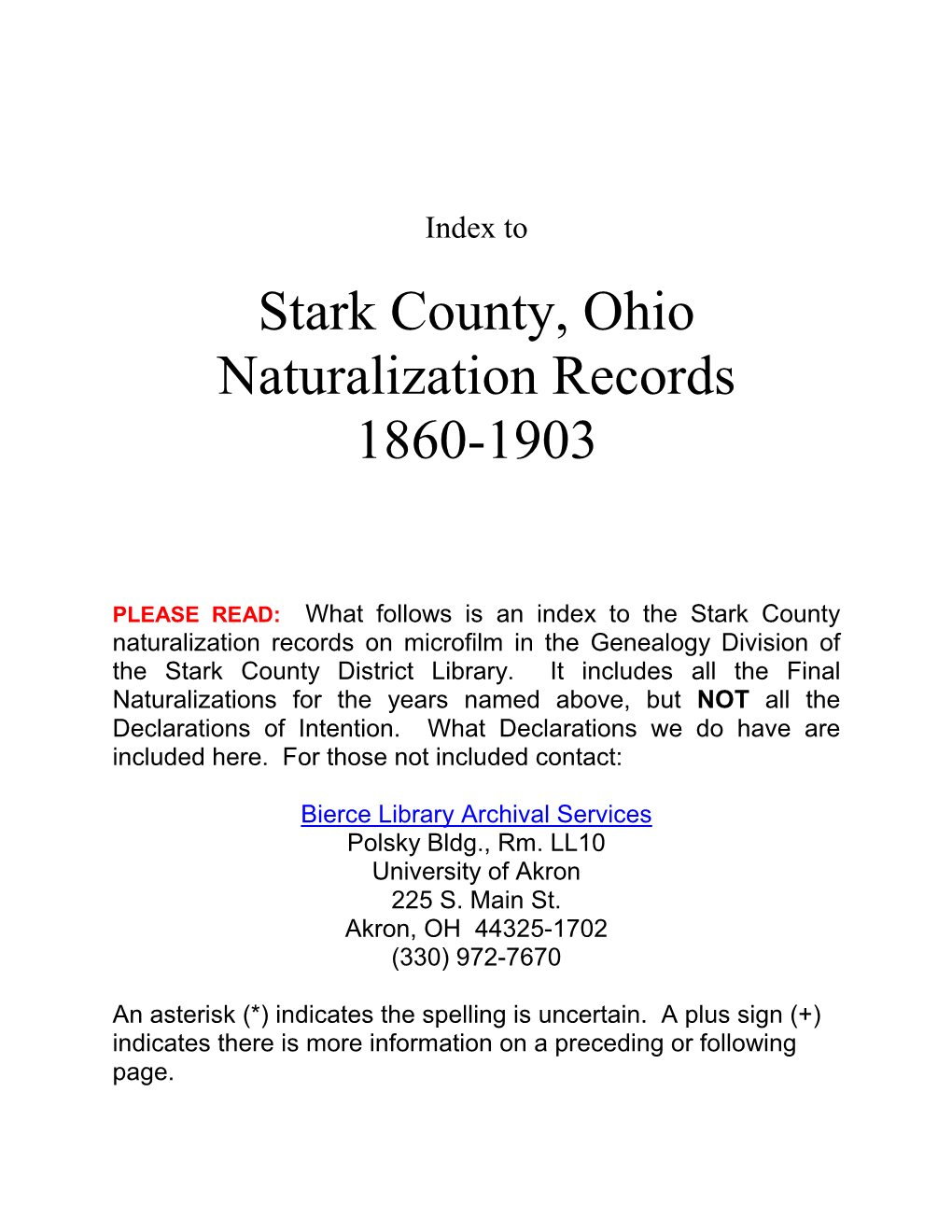 Stark County, Ohio Naturalization Records 1860-1903