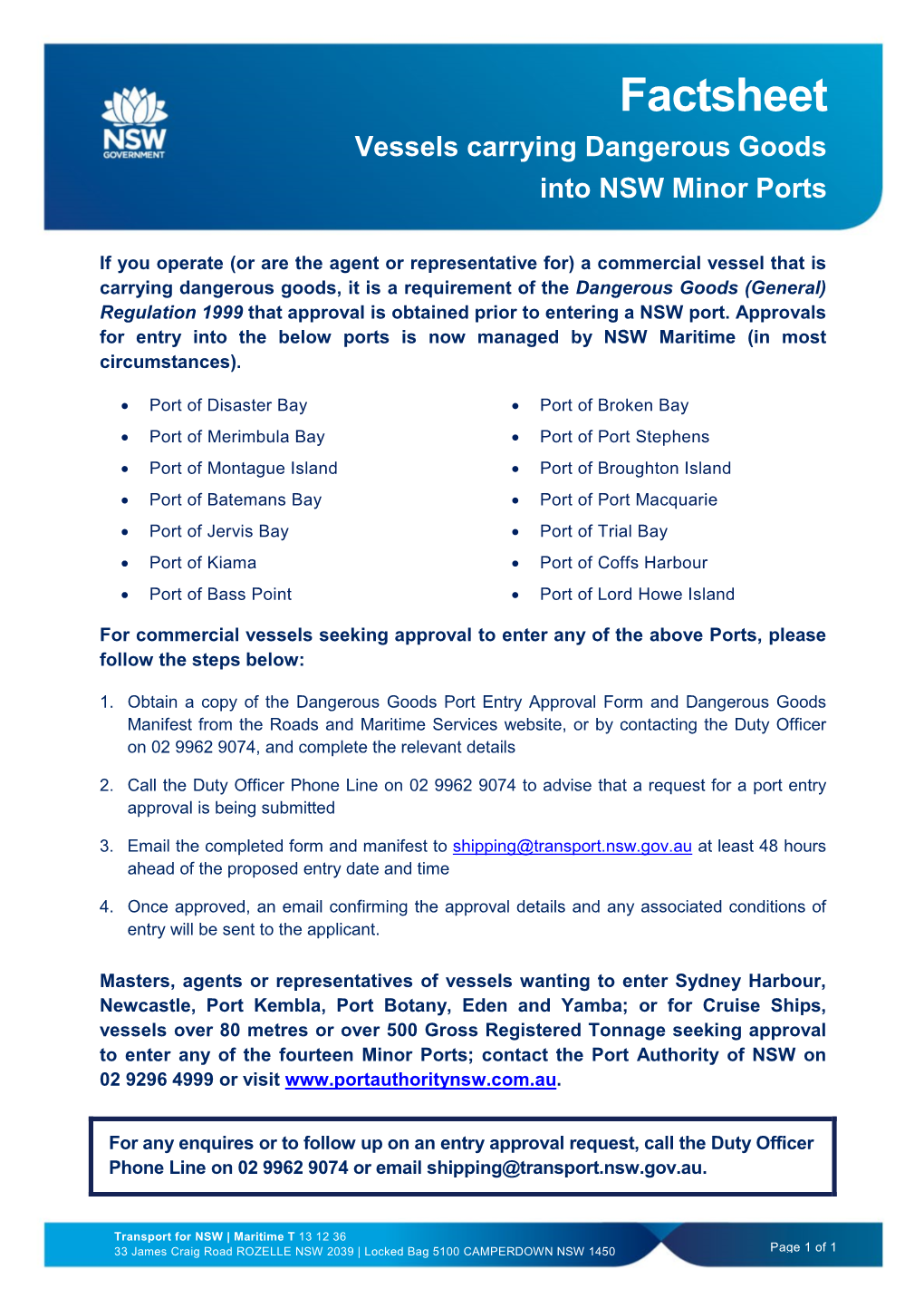 Factsheet Vessels Carrying Dangerous Goods Into NSW Minor Ports