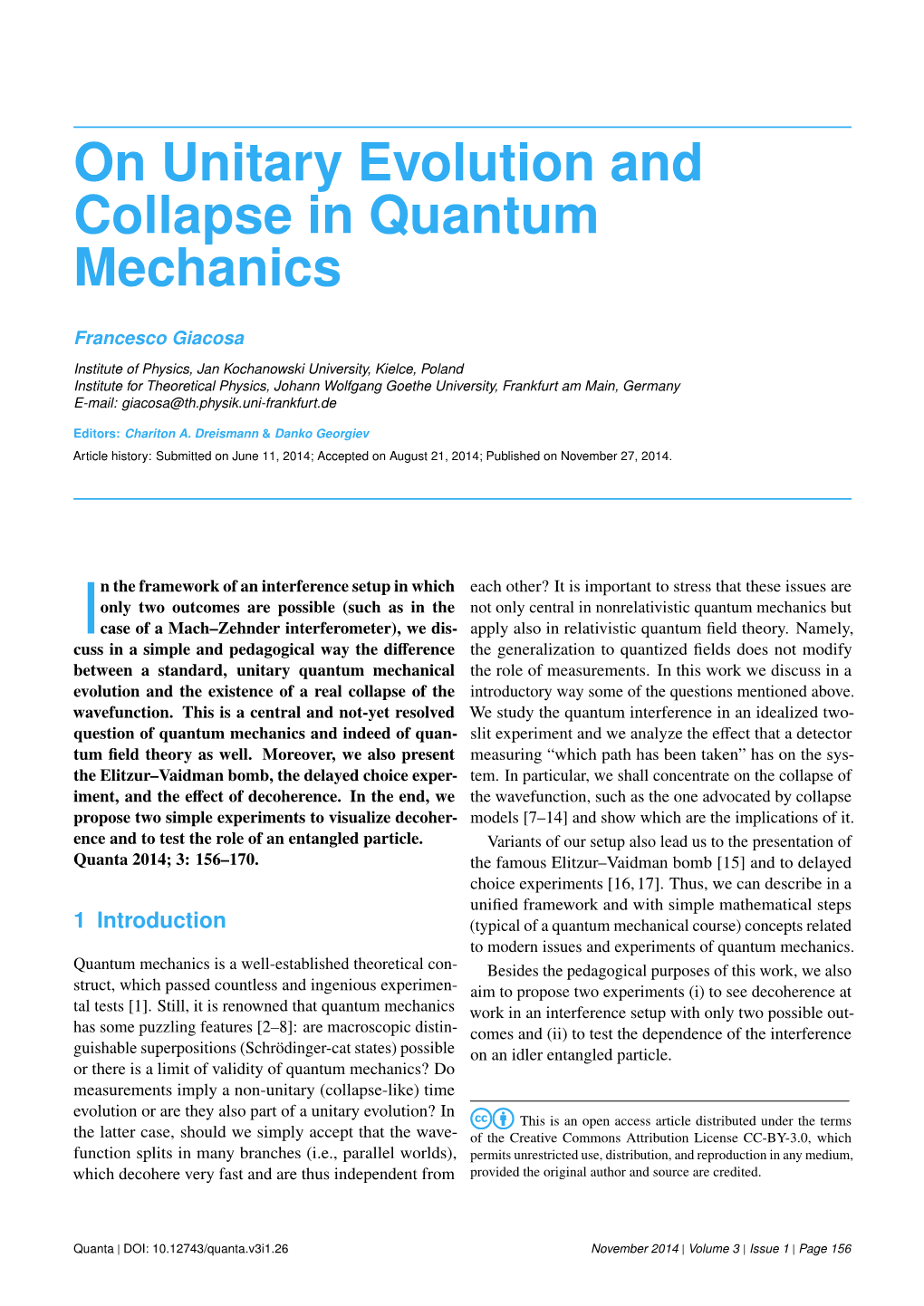 On Unitary Evolution and Collapse in Quantum Mechanics