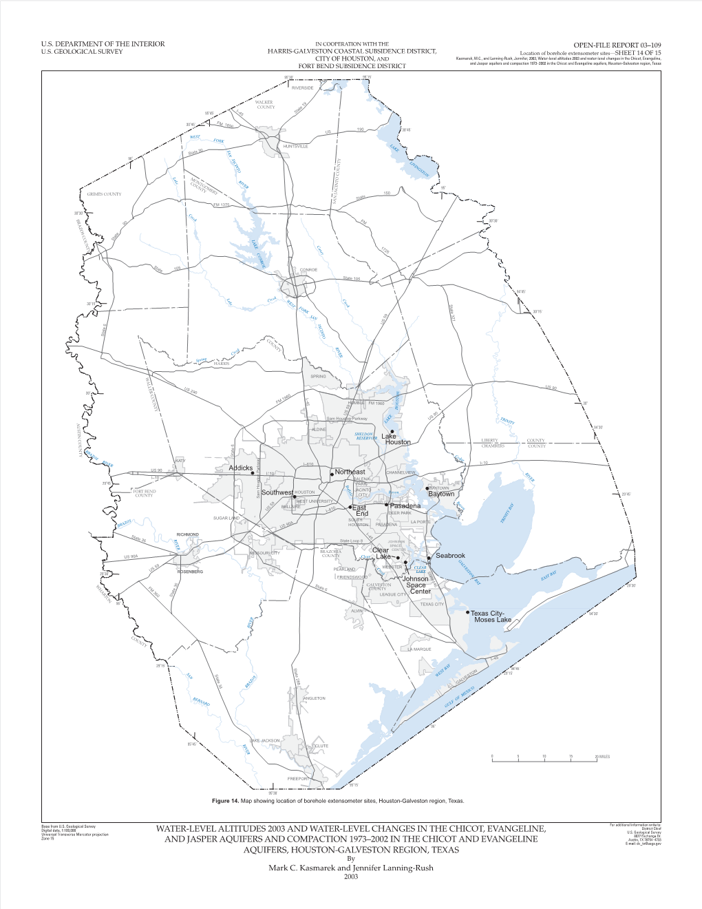 Figure 14. Map Showing Location of Borehole Extensometer Sites, Houston-Galveston Region, Texas