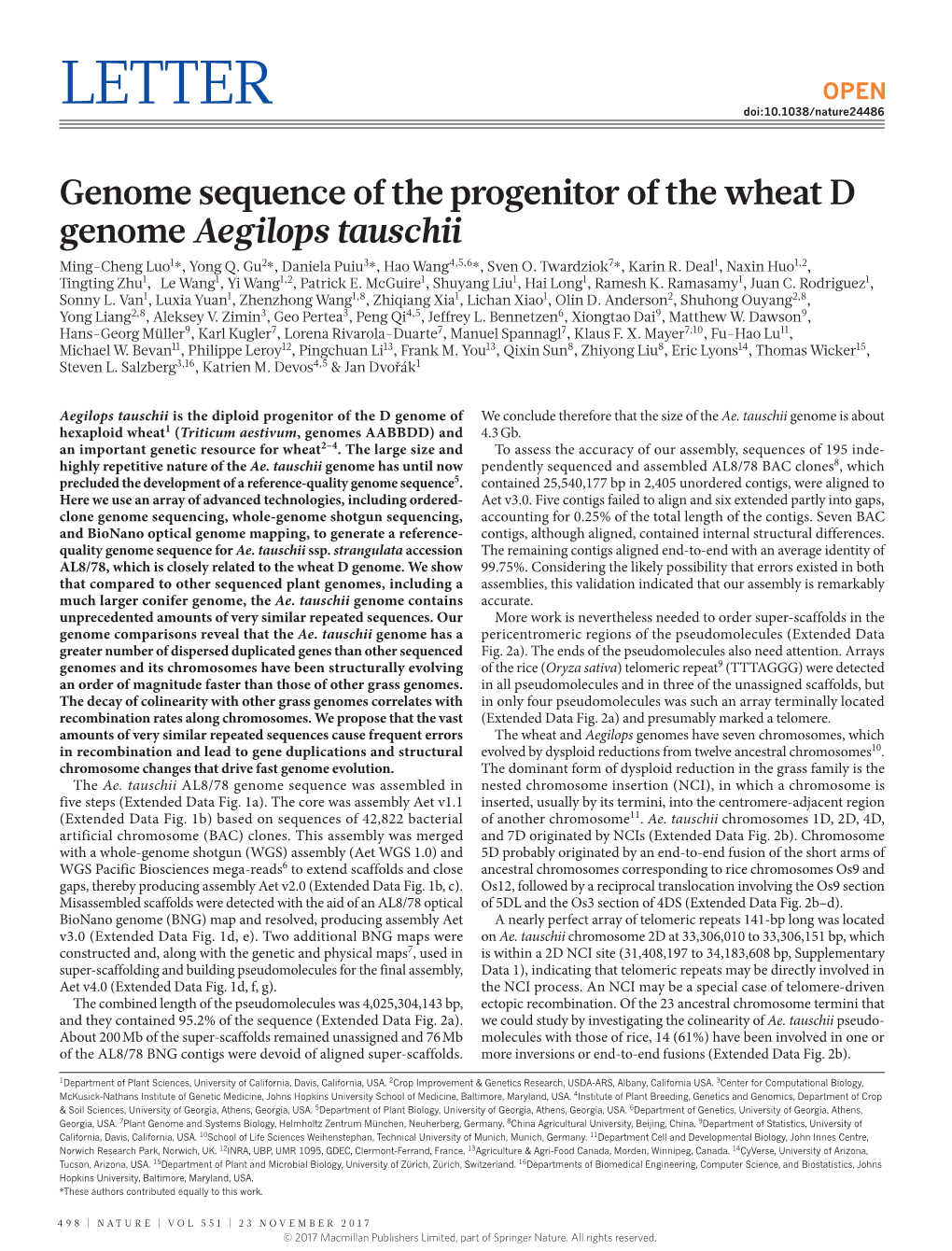 Genome Sequence of the Progenitor of the Wheat D Genome Aegilops Tauschii Ming-Cheng Luo1*, Yong Q