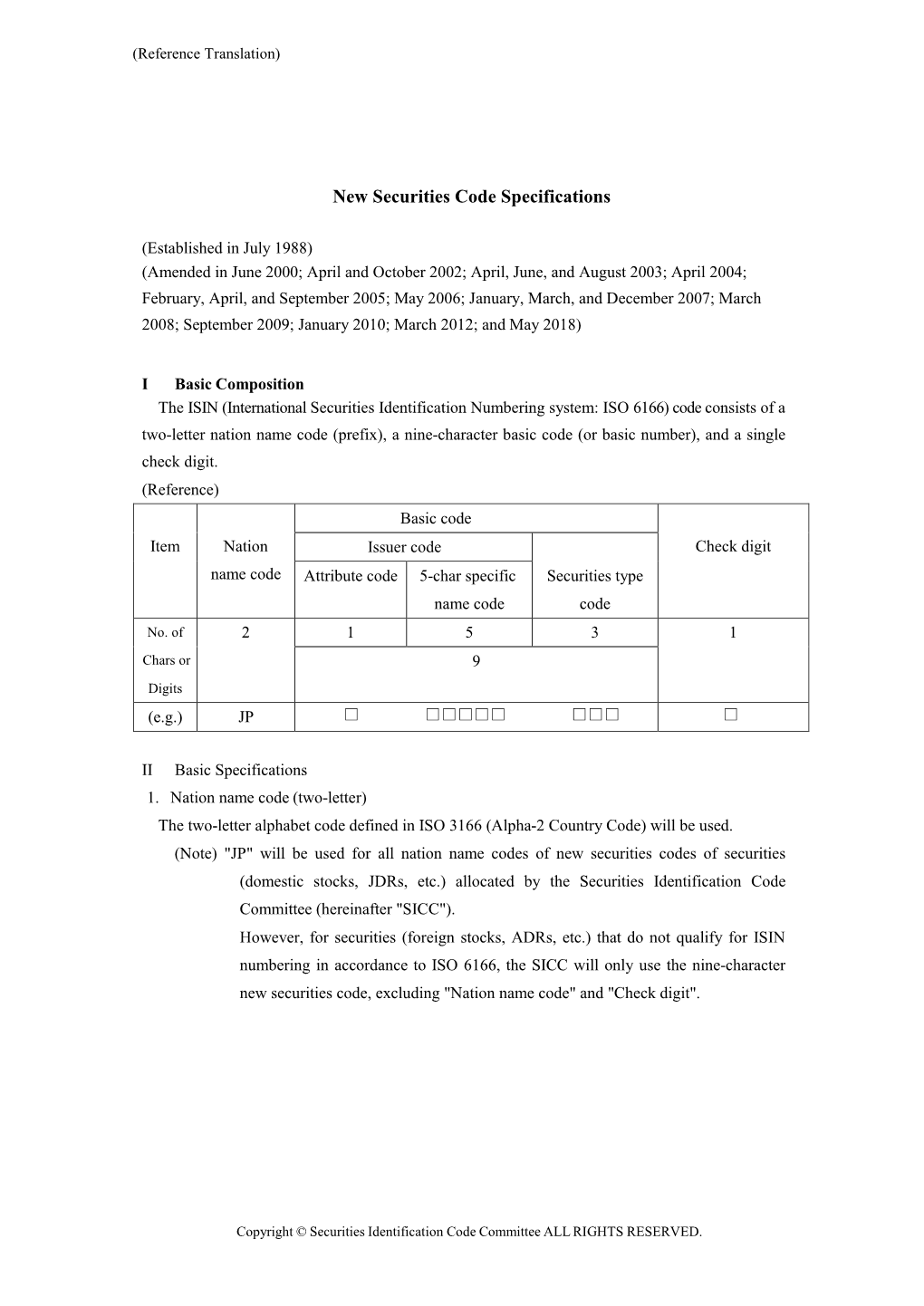 New Securities Code Specifications