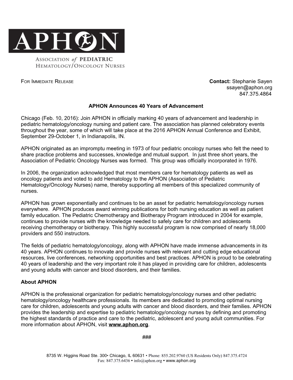 APHON Announces 40 Years of Advancement