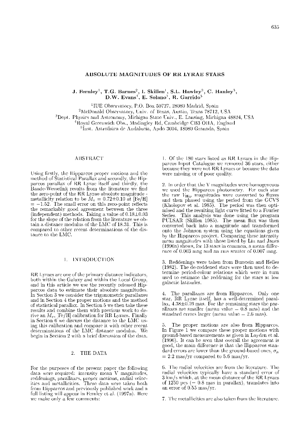 ABSOLUTE MAGNITUDES of RR LYRAE STARS J. Fernley1, T.G