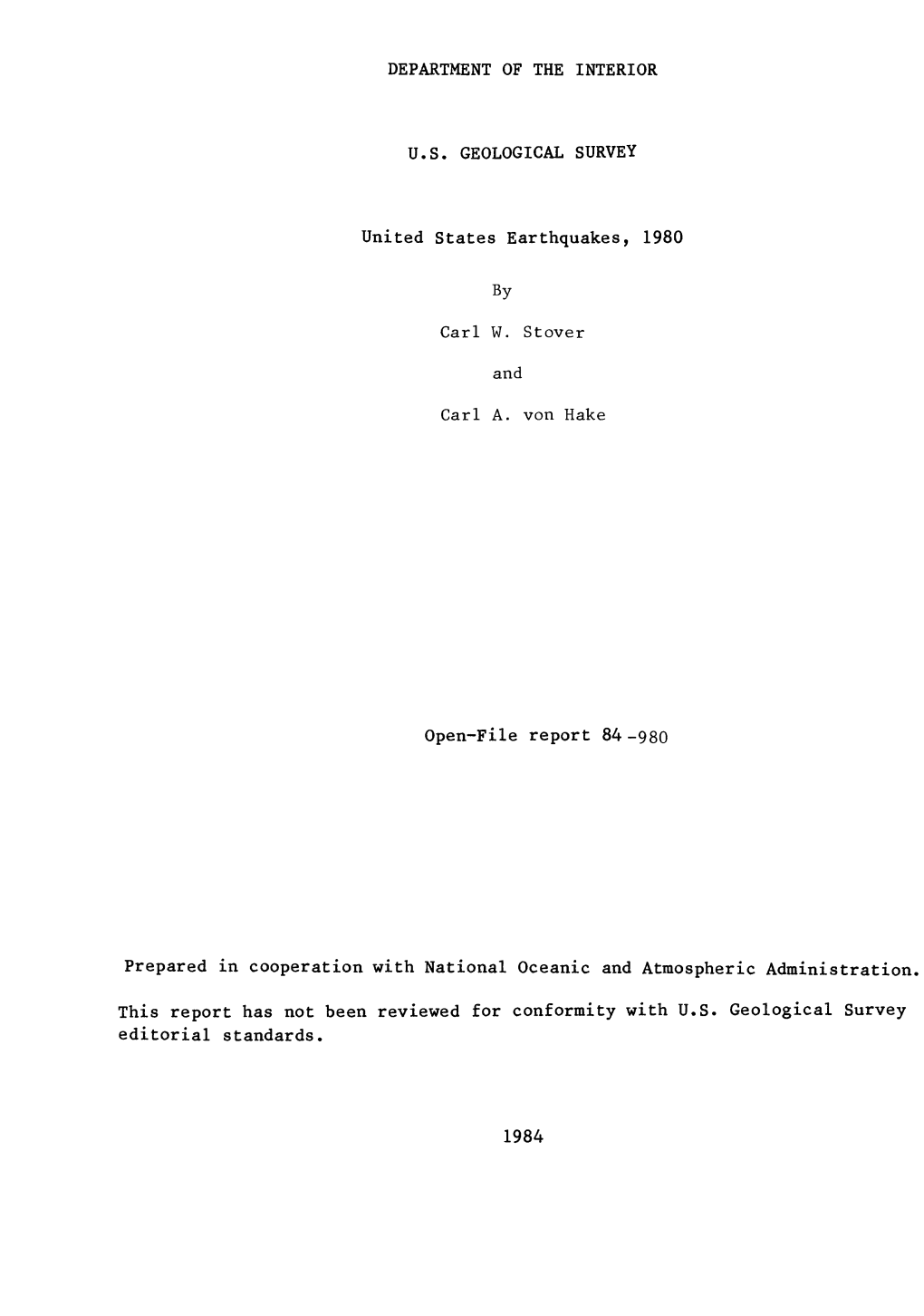 United States Earthquakes, 1980 Open-File Report 84 -980 Prepared