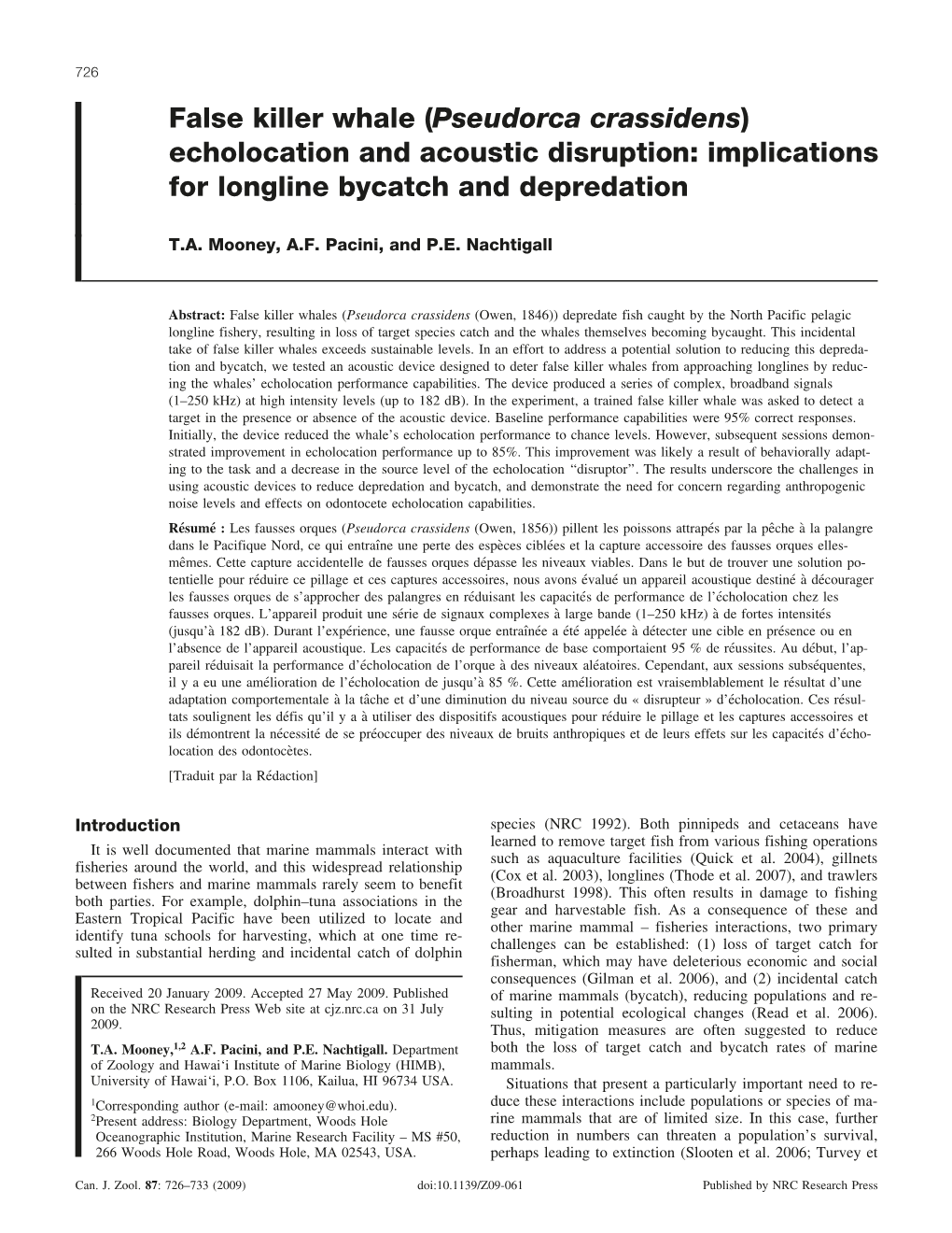 False Killer Whale (Pseudorca Crassidens) Echolocation and Acoustic Disruption: Implications for Longline Bycatch and Depredation