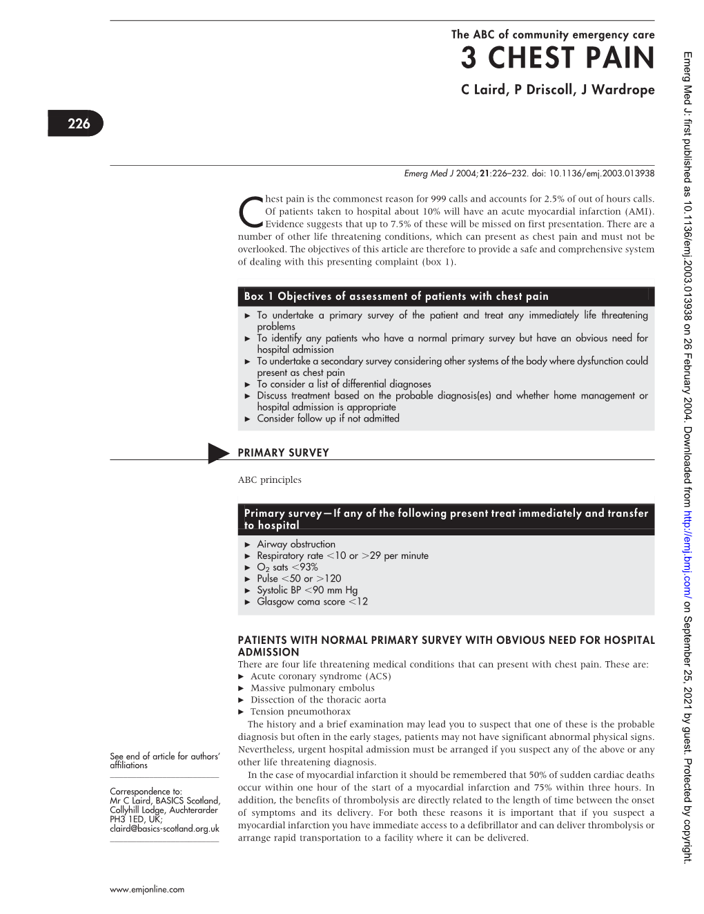 3 CHEST PAIN Emerg Med J: First Published As 10.1136/Emj.2003.013938 on 26 February 2004