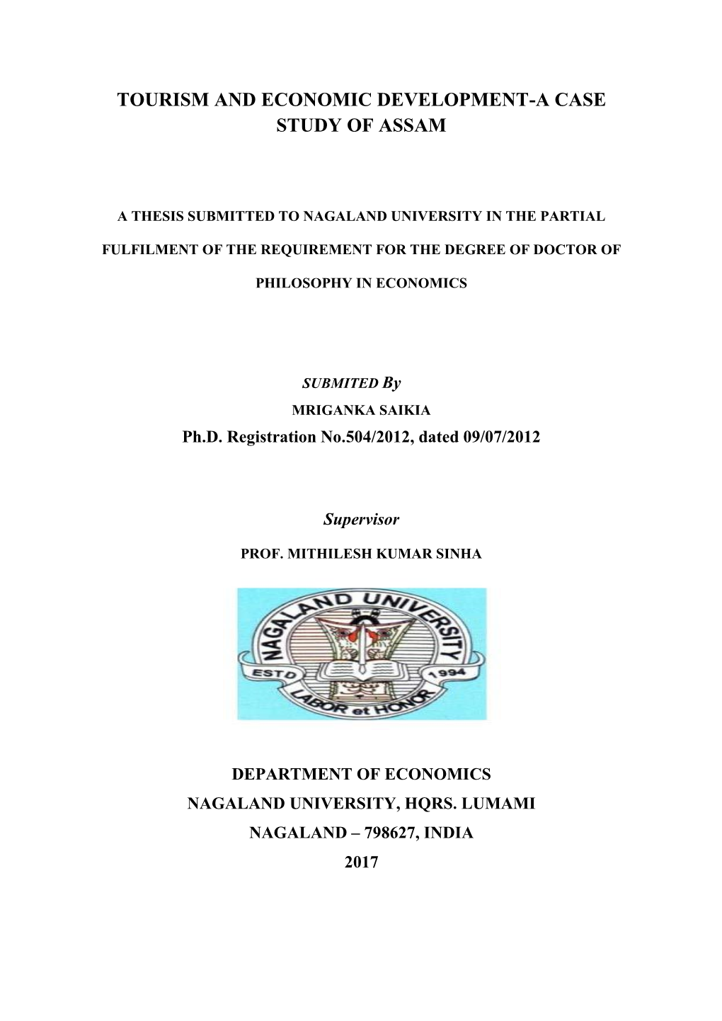 Tourism and Economic Development-A Case Study of Assam