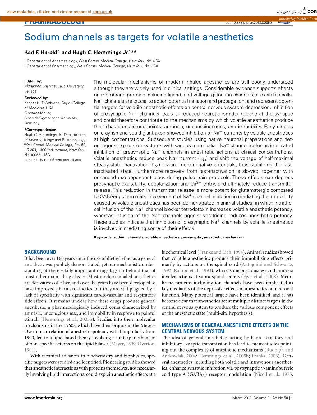 Sodium Channels As Targets for Volatile Anesthetics