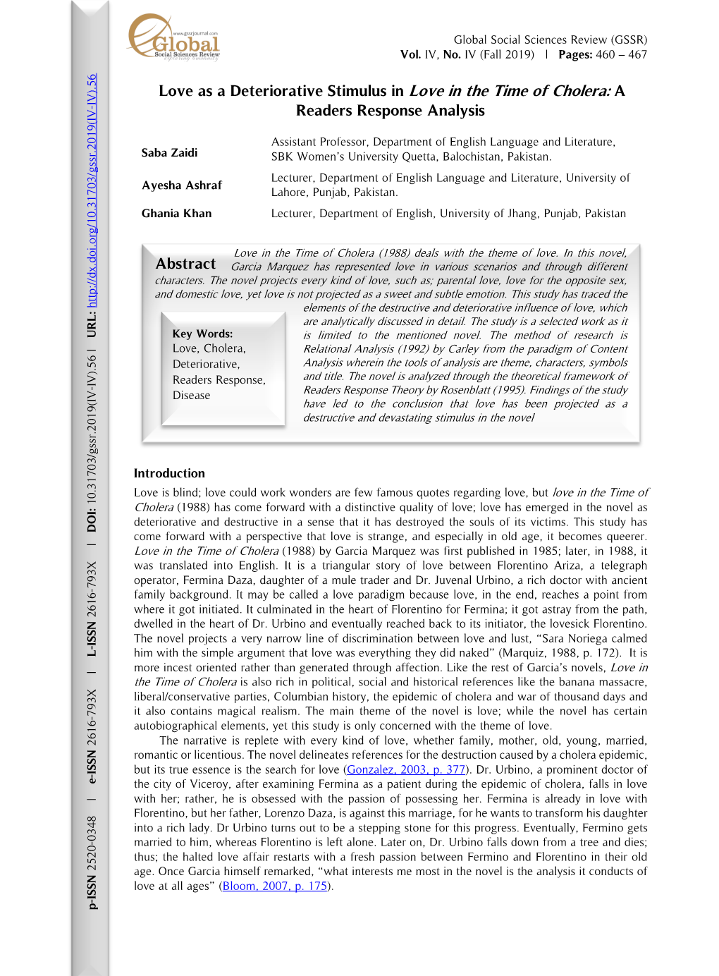 Love As a Deteriorative Stimulus in Love in the Time of Cholera: a IV).56 - Readers Response Analysis