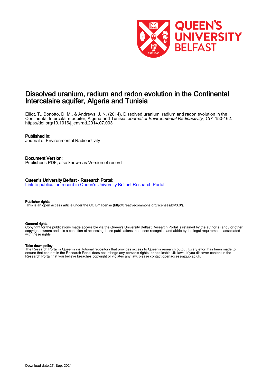 Dissolved Uranium, Radium and Radon Evolution in the Continental Intercalaire Aquifer, Algeria and Tunisia