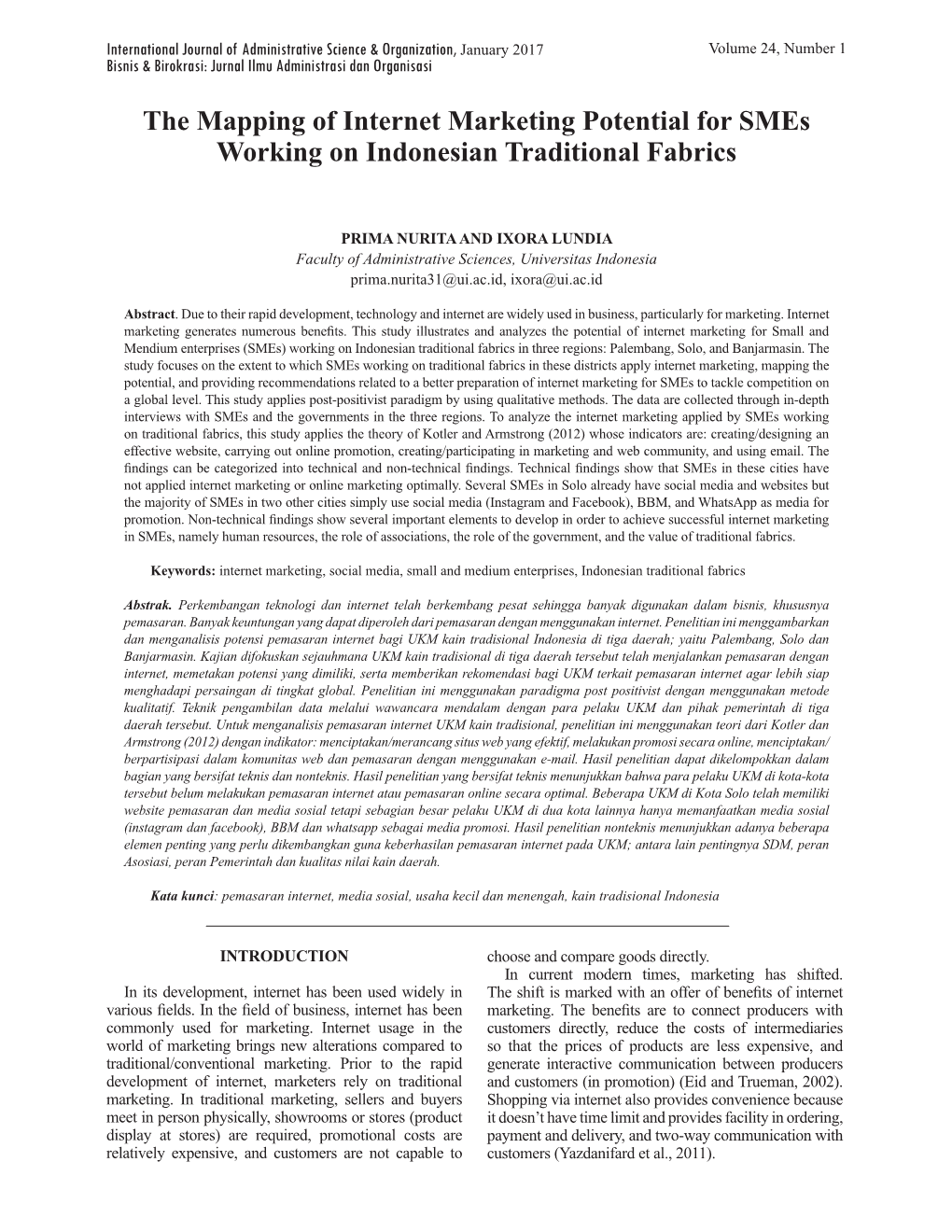 The Mapping of Internet Marketing Potential for Smes Working on Indonesian Traditional Fabrics