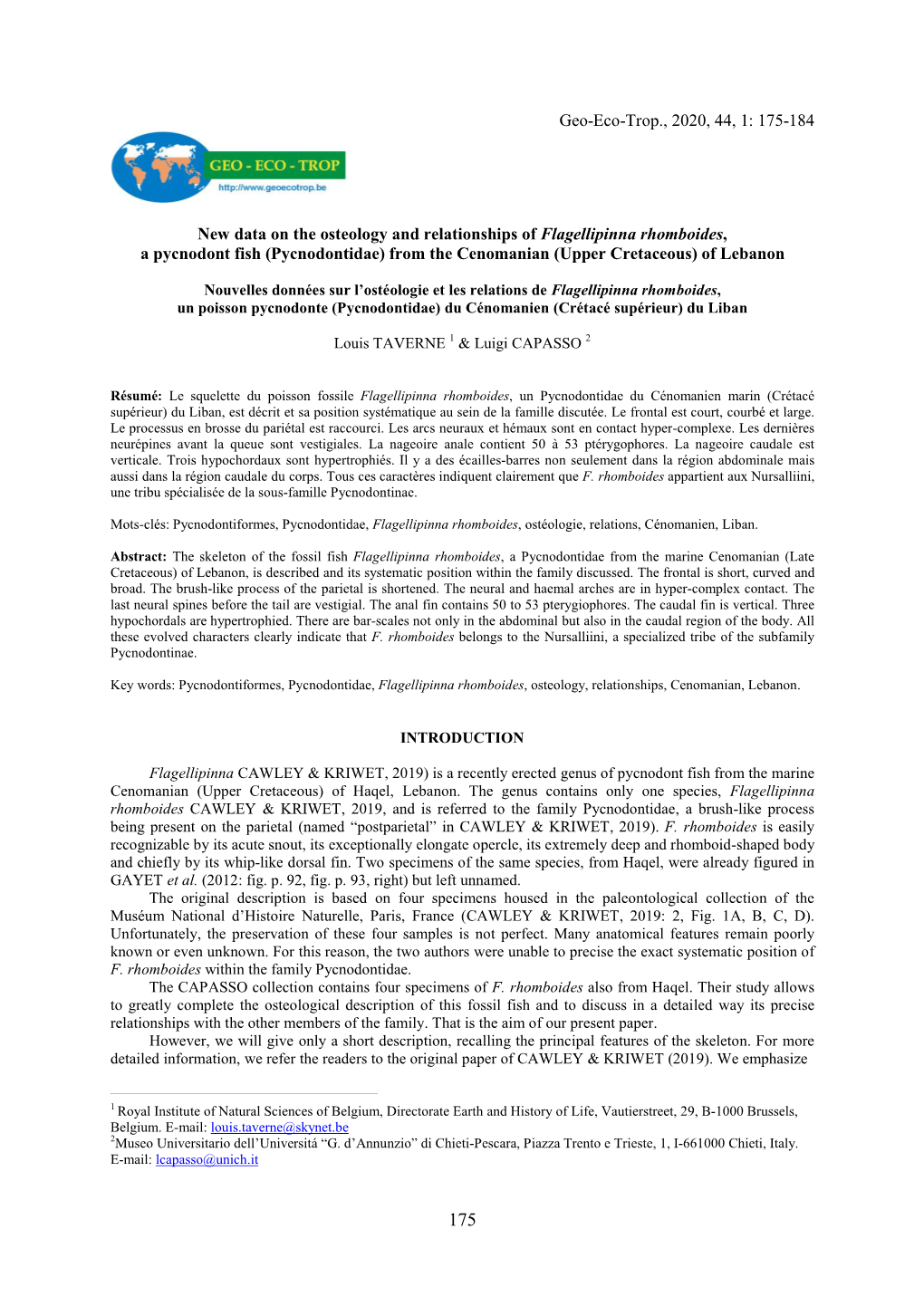 175-184 New Data on the Osteology and Relationships of Flagellipinna Rhomboides, a Pycnodont Fish