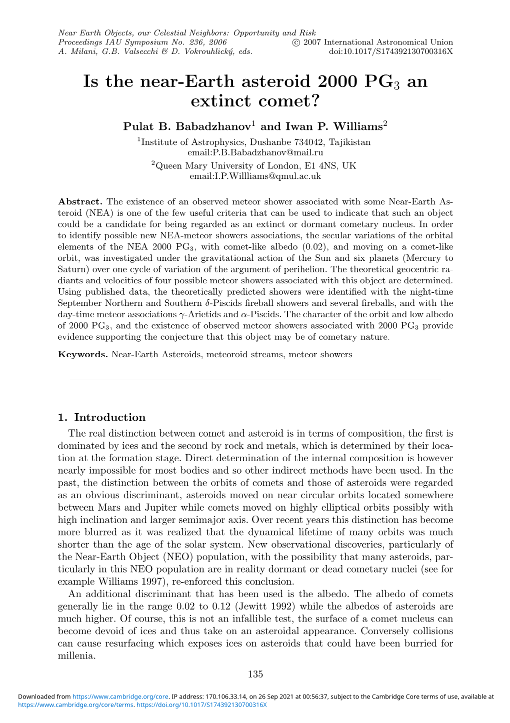 Is the Near-Earth Asteroid 2000 PG3 an Extinct Comet? Pulat B