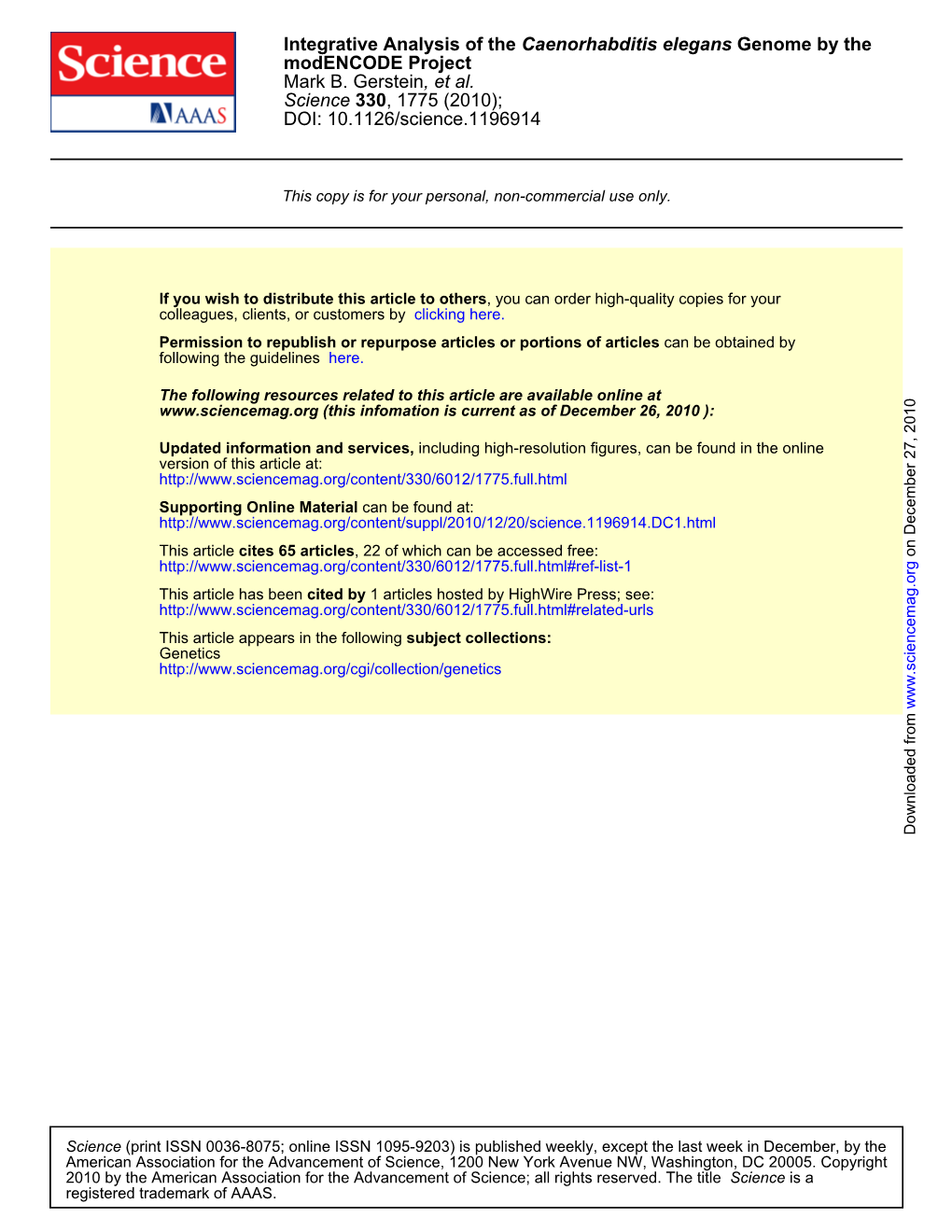 DOI: 10.1126/Science.1196914 , 1775 (2010); 330 Science , Et Al. Mark B. Gerstein Modencode Project Genome by the Caenorhabditis