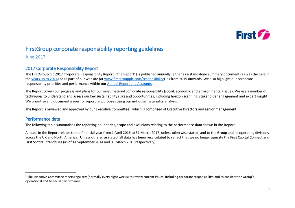 Firstgroup Corporate Responsibility Reporting Guidelines June 2017