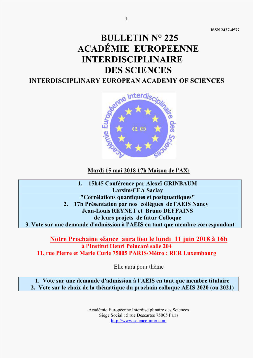 Bulletin N° 225 Académie Europeenne Interdisciplinaire Des Sciences Interdisciplinary European Academy of Sciences