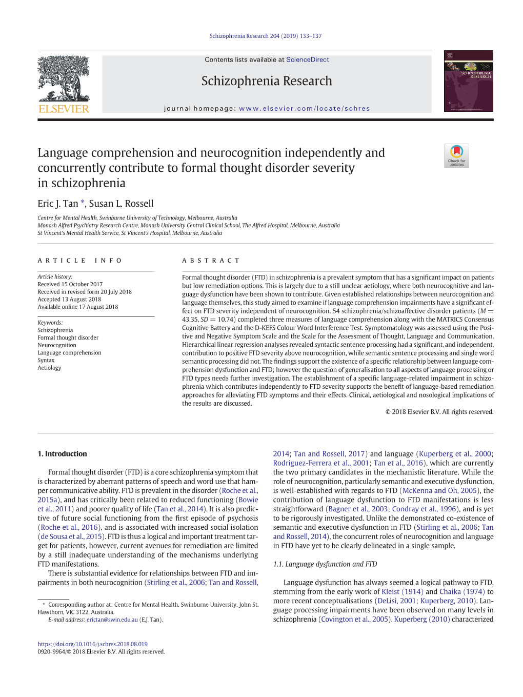 Schizophrenia Research 204 (2019) 133–137