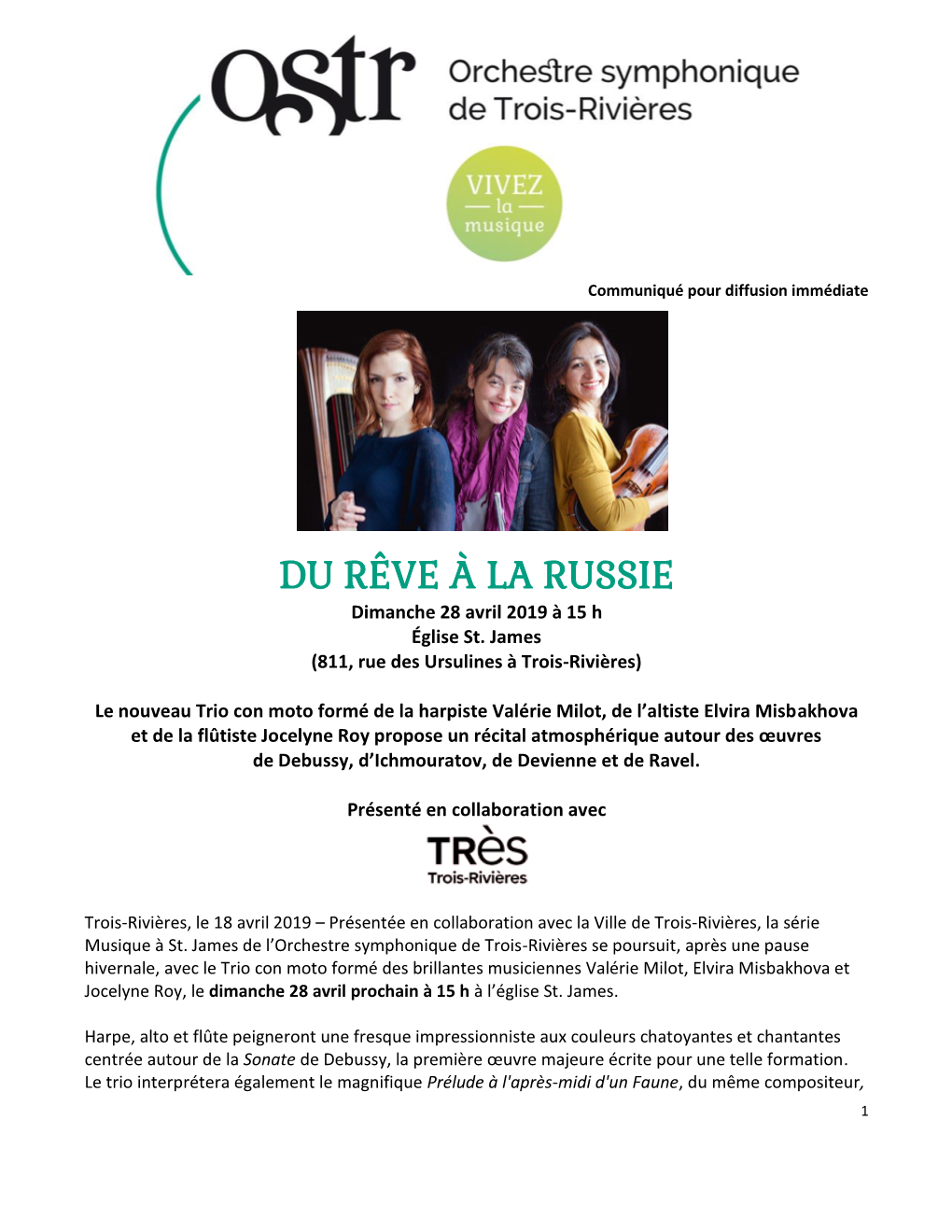 DU RÊVE À LA RUSSIE Dimanche 28 Avril 2019 À 15 H Église St