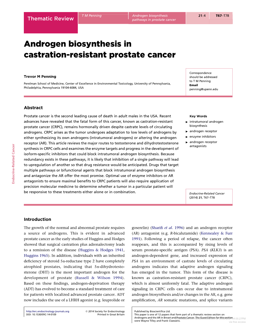 Androgen Biosynthesis in Castration-Resistant Prostate Cancer