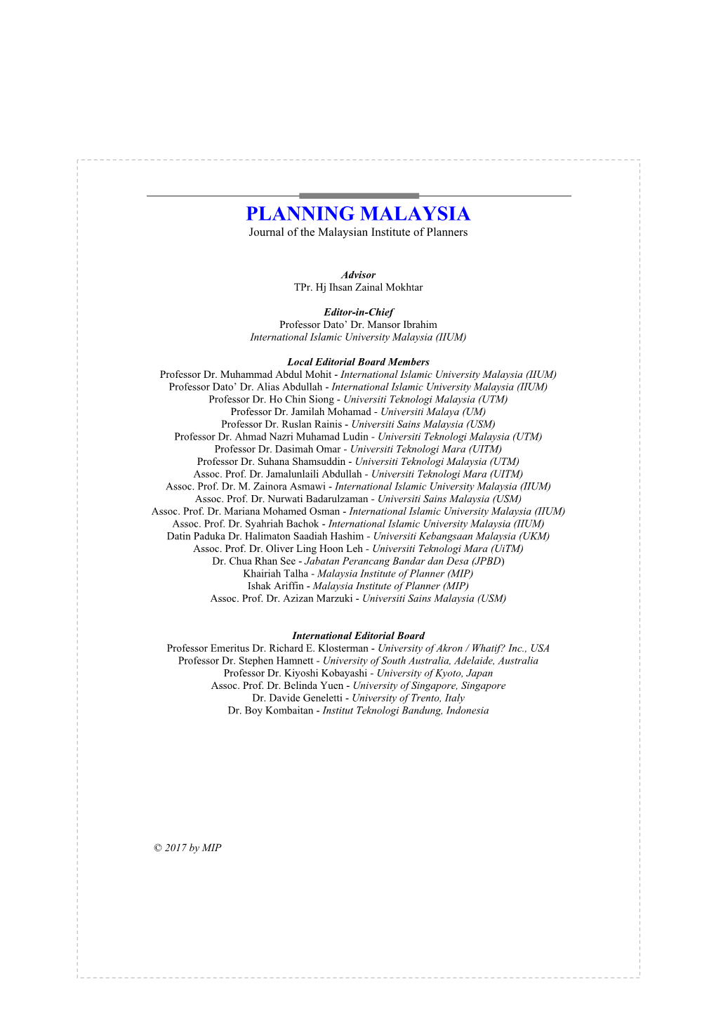 PLANNING MALAYSIA Journal of the Malaysian Institute of Planners