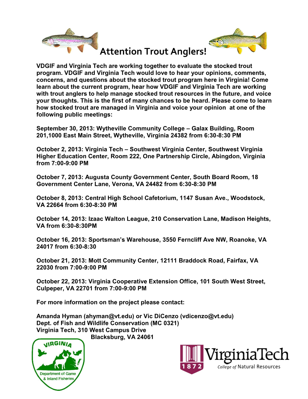 Attention Trout Anglers! VDGIF and Virginia Tech Are Working Together to Evaluate the Stocked Trout Program