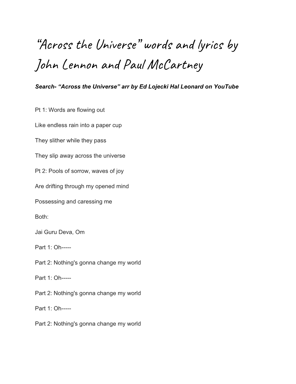 “Across the Universe” Words and Lyrics by John Lennon and Paul Mccartney