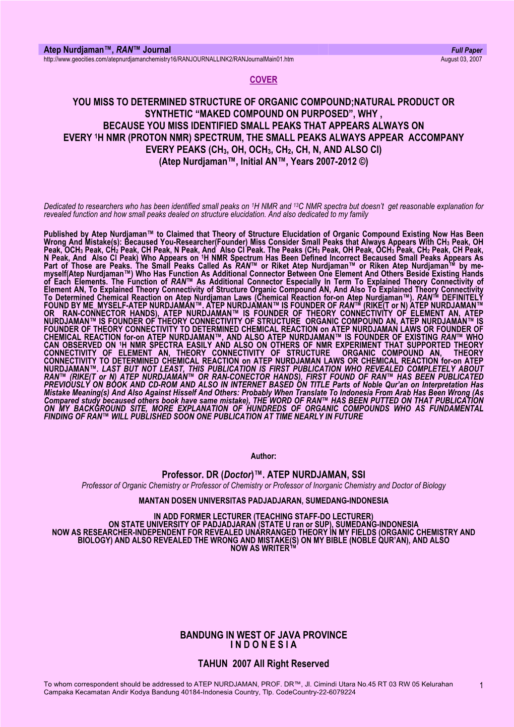 Atep Nurdjaman™, RAN™ Journal Full Paper August 03, 2007