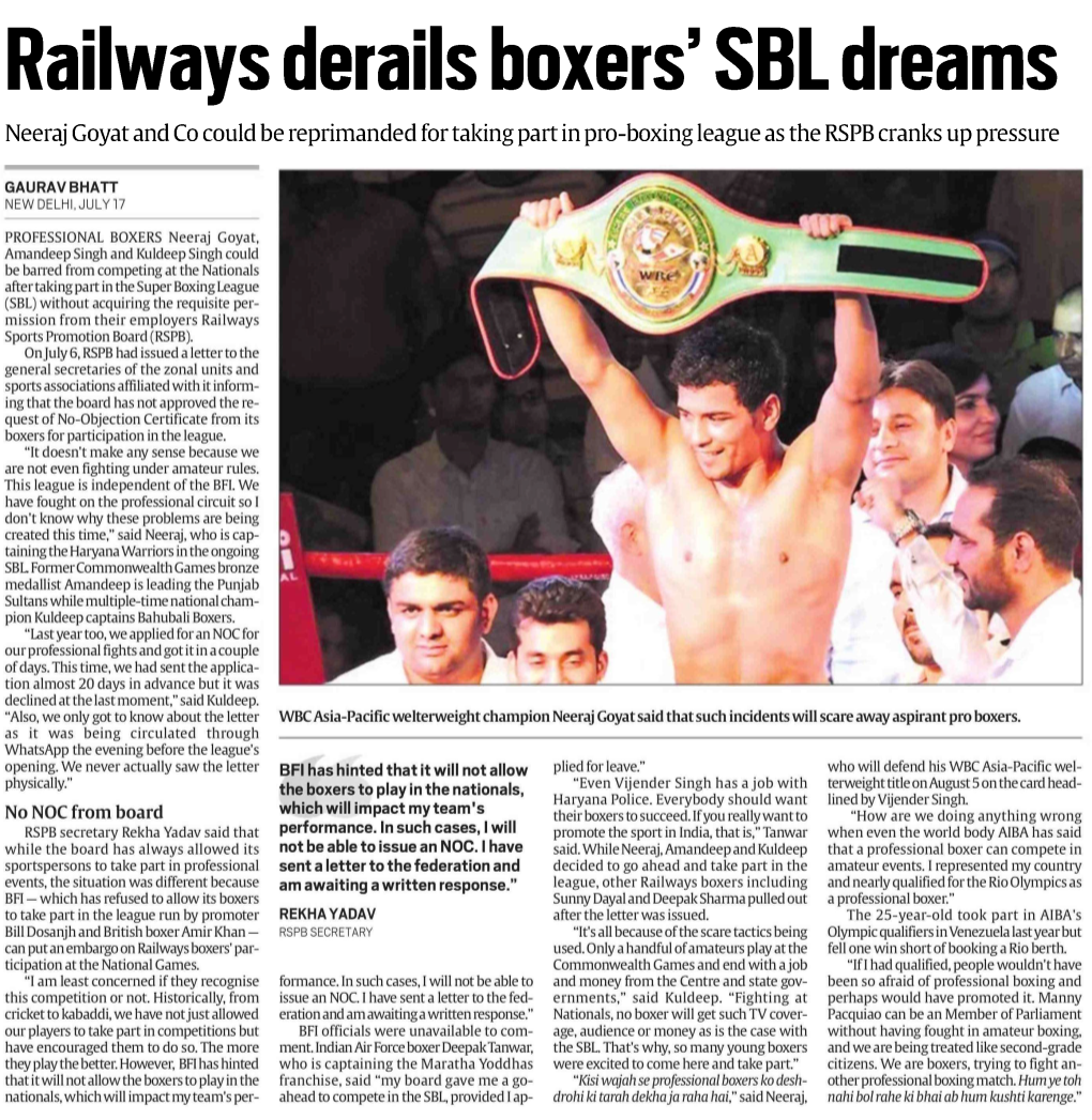 Railways Derails Boxers' SBL Dreams Neeraj Goyat and Co Could Be Reprimanded for Taking Part in Pro-Boxing League As the RSPB Cranks up Pressure