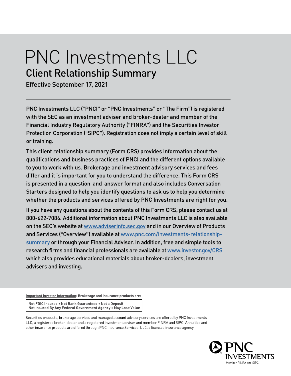 PNC Investments LLC Client Relationship Summary Effective September 17, 2021