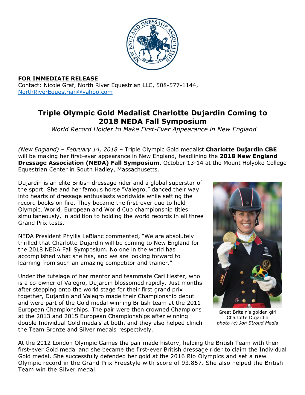 Triple Olympic Gold Medalist Charlotte Dujardin Coming to 2018 NEDA Fall Symposium World Record Holder to Make First-Ever Appearance in New England