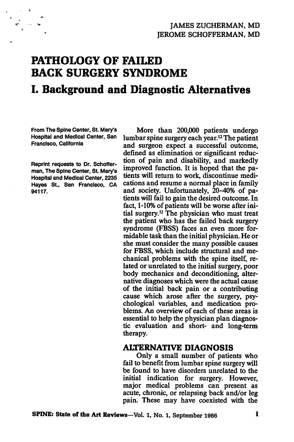 PATHOLOGY of FAILED BACK SURGERY SYNDROME L Background and Diagnostic Alternatives