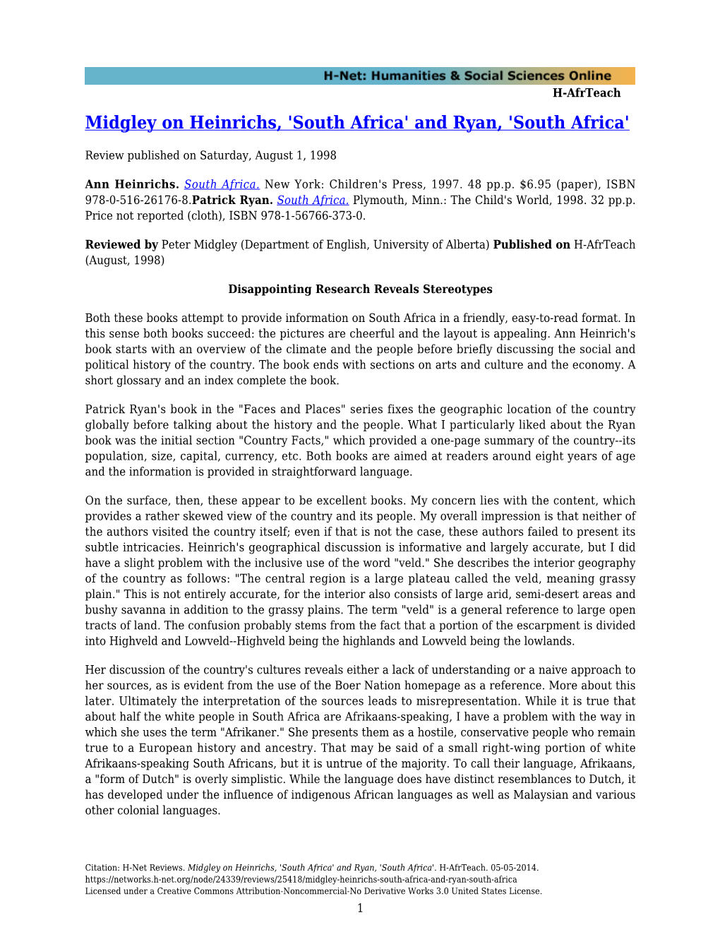 Midgley on Heinrichs, 'South Africa' and Ryan, 'South Africa'
