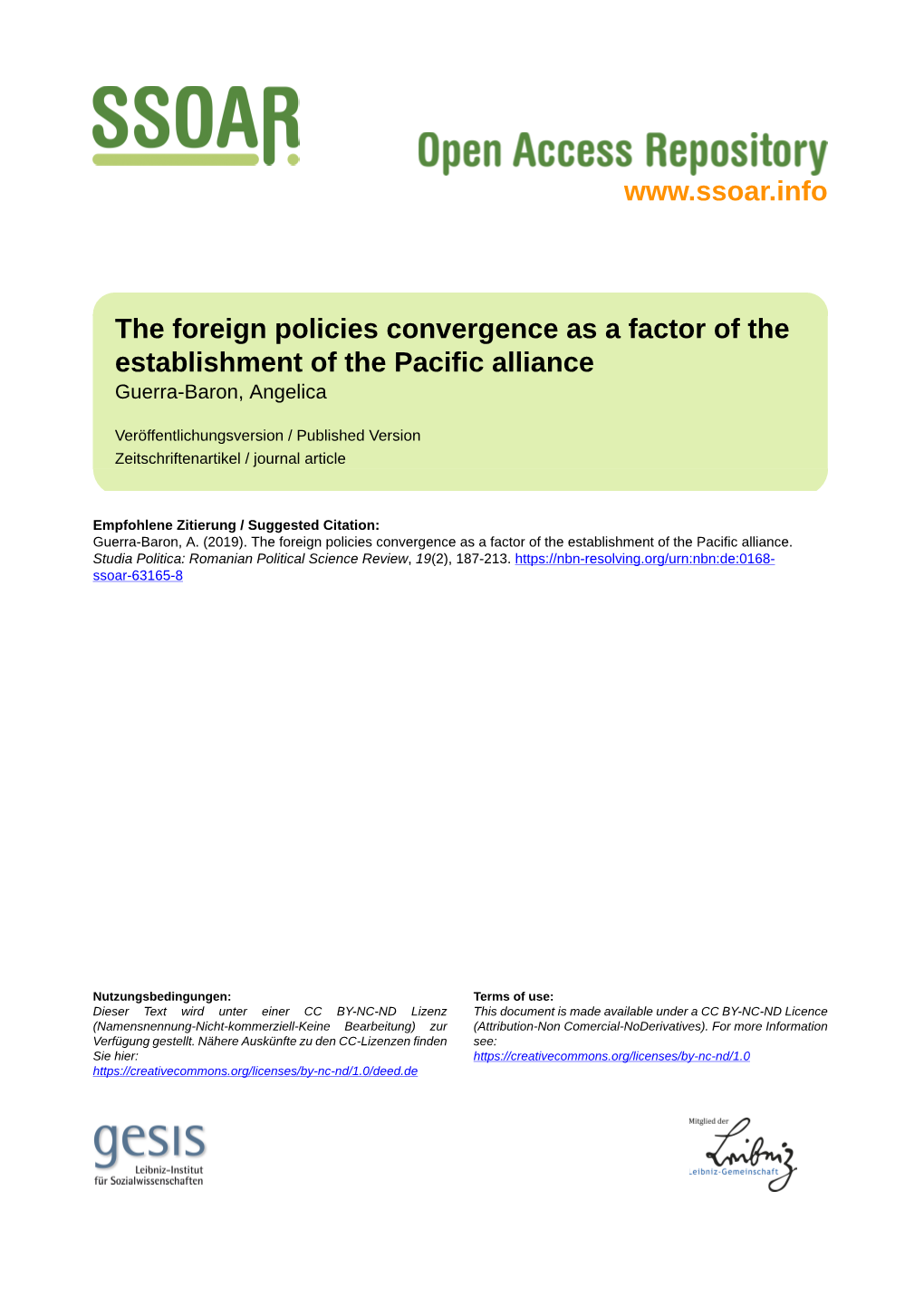 The Foreign Policies Convergence As a Factor of the Establishment of the Pacific Alliance Guerra-Baron, Angelica