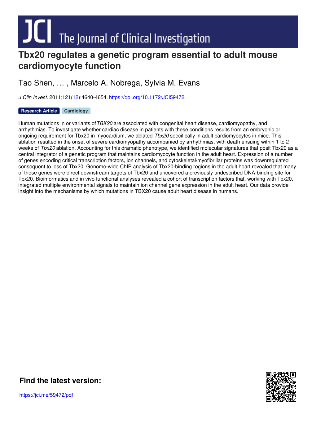 Tbx20 Regulates a Genetic Program Essential to Adult Mouse Cardiomyocyte Function