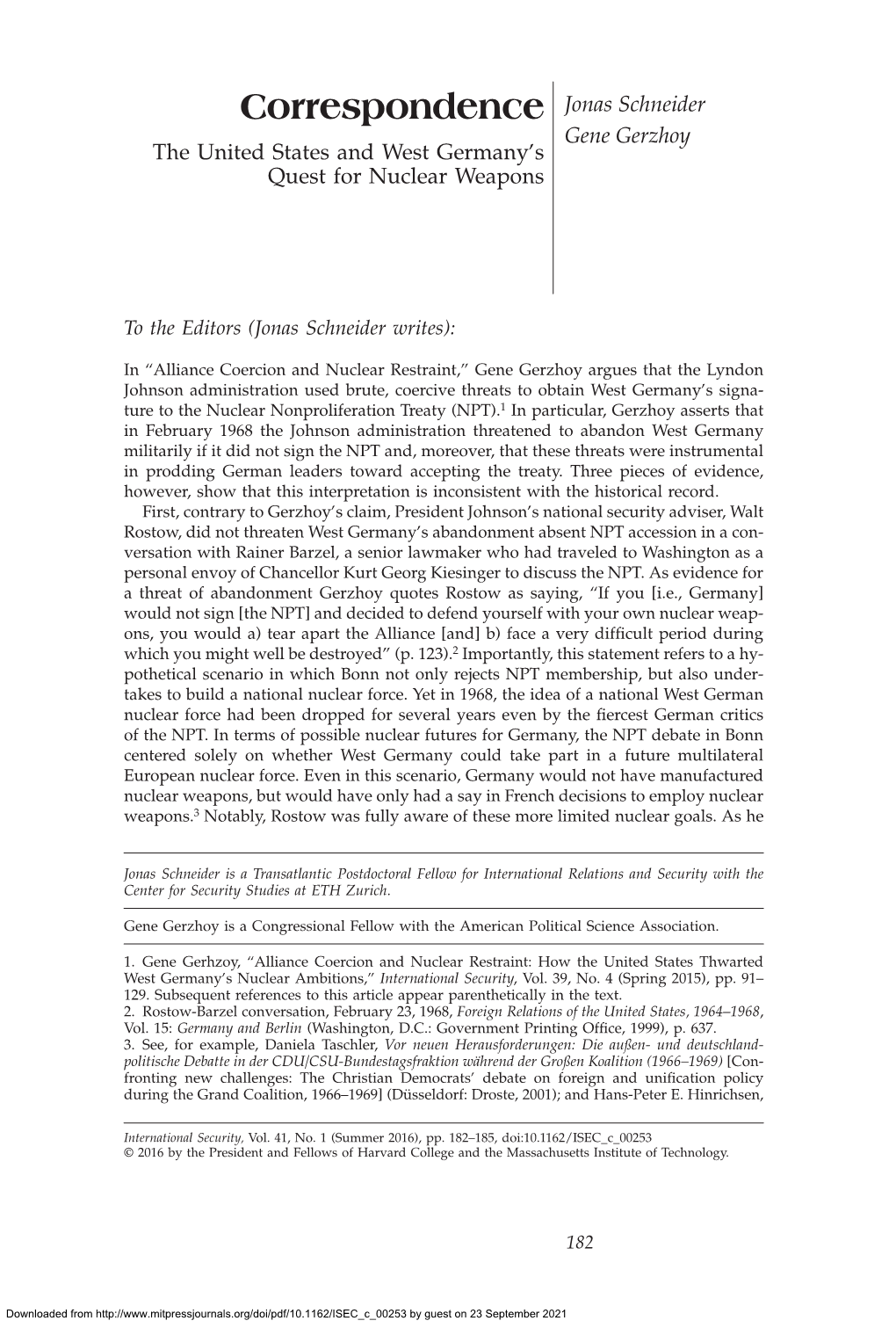 Correspondence Jonas Schneider Gene Gerzhoy the United States and West Germany’S Quest for Nuclear Weapons