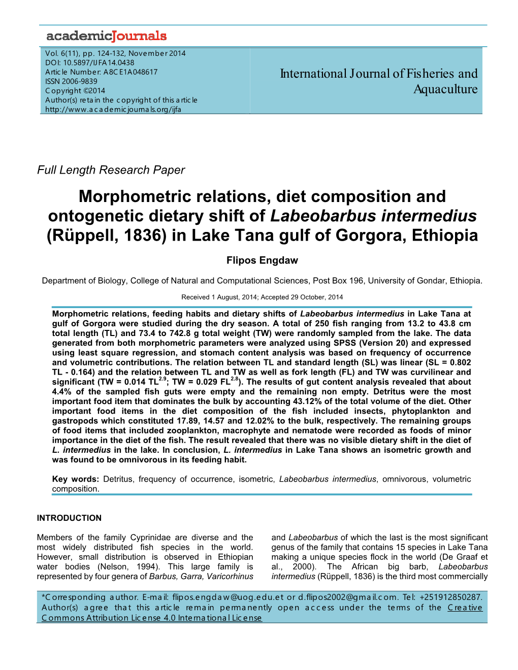 Morphometric Relations, Diet Composition and Ontogenetic Dietary Shift of Labeobarbus Intermedius (Rüppell, 1836) in Lake Tana Gulf of Gorgora, Ethiopia