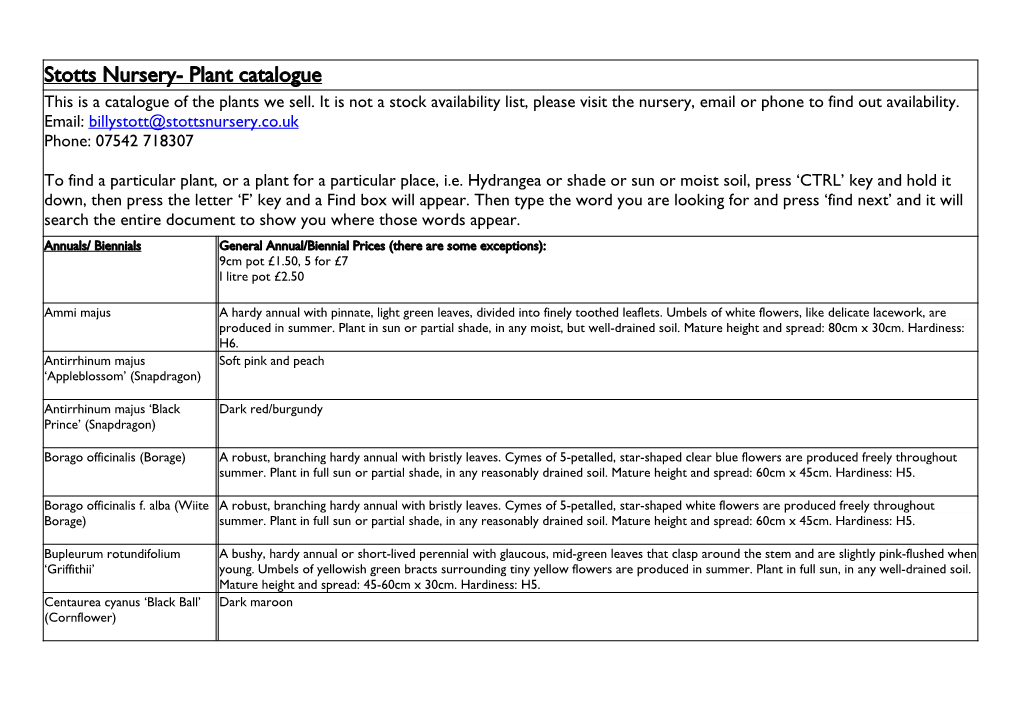 Stotts Nursery- Plant Catalogue This Is a Catalogue of the Plants We Sell