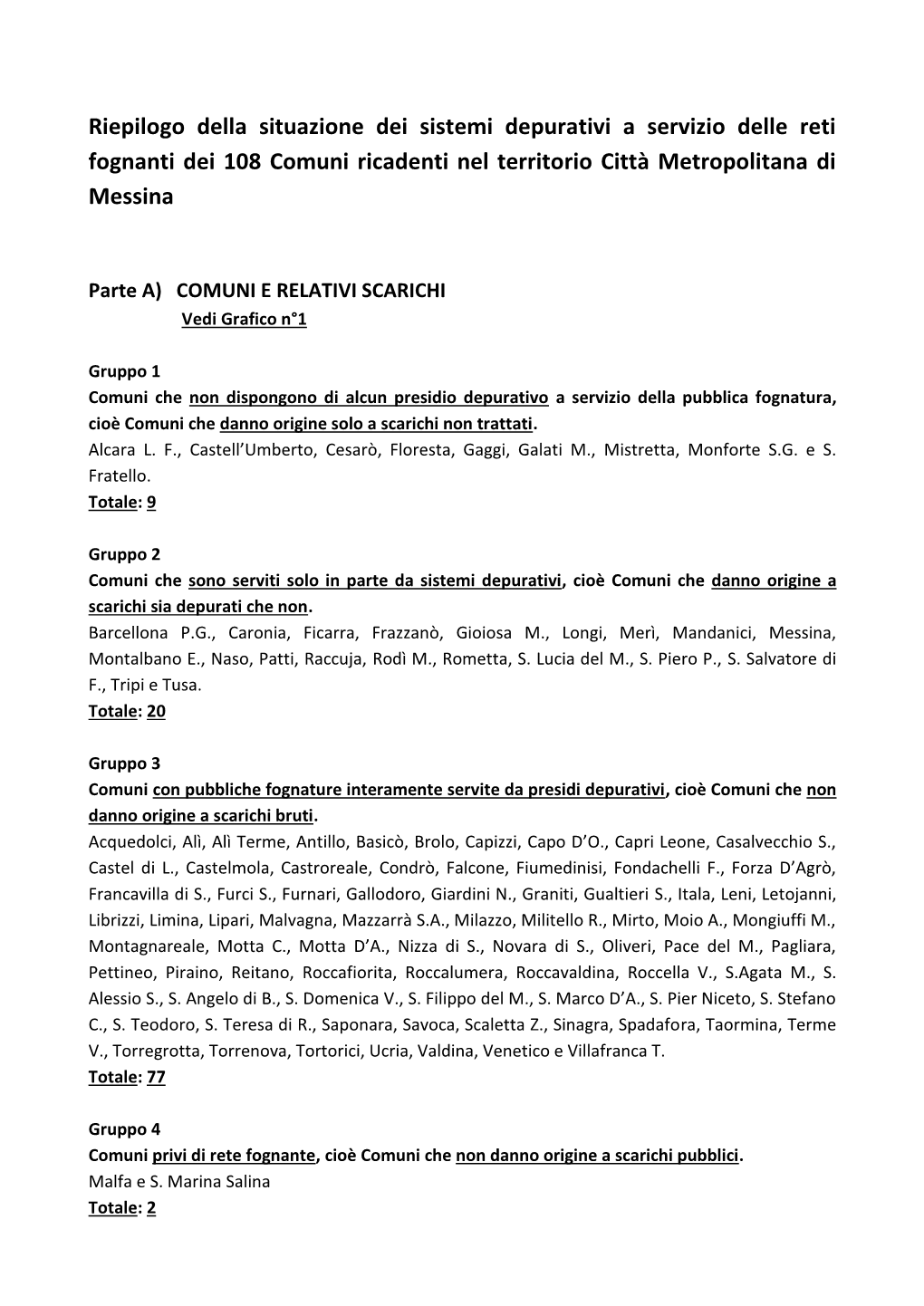 Riepilogo Della Situazione Dei Sistemi Depurativi a Servizio Delle Reti Fognanti Dei 108 Comuni Ricadenti Nel Territorio Città Metropolitana Di Messina