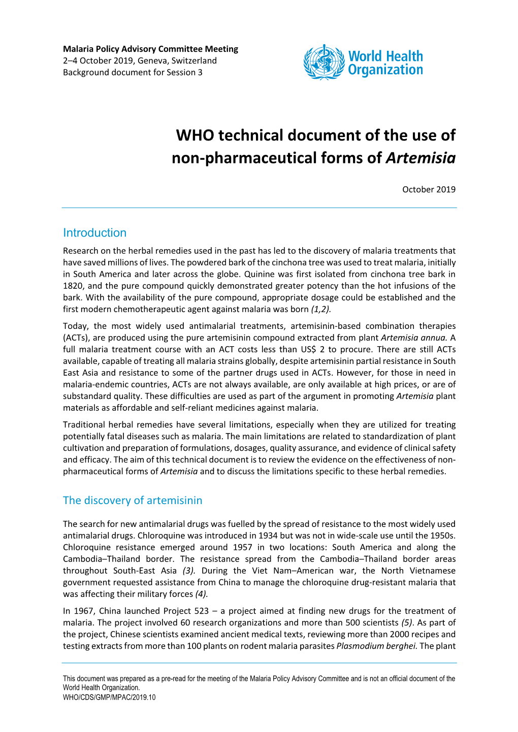 WHO Technical Document of the Use of Non-Pharmaceutical Forms of Artemisia