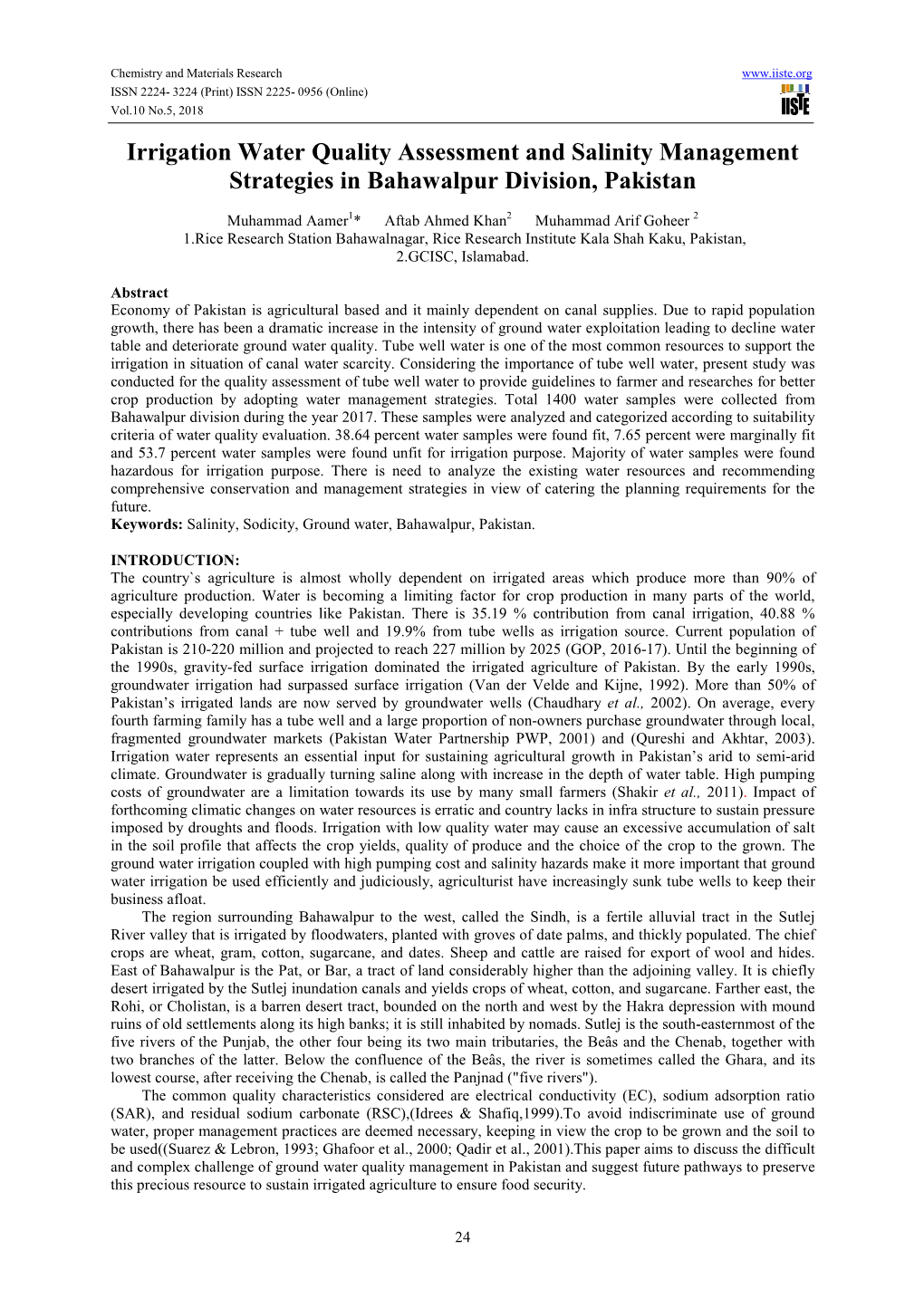 Irrigation Water Quality Assessment and Salinity Management Strategies in Bahawalpur Division, Pakistan