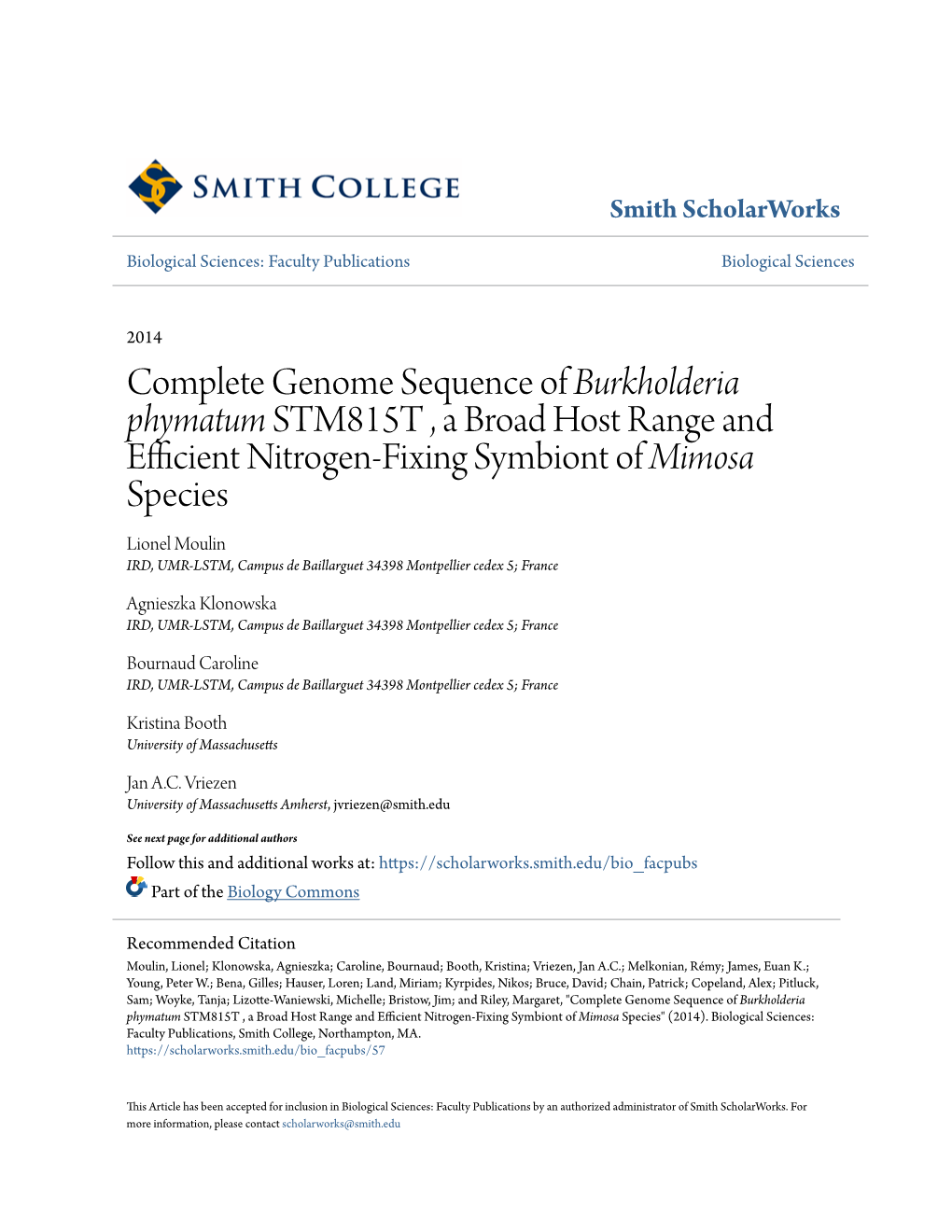 Complete Genome Sequence of <I>Burkholderia Phymatum</I>